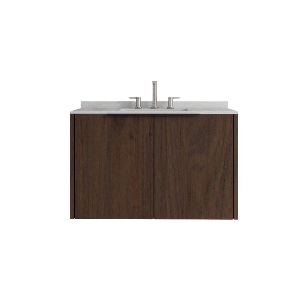 36" Brown Wood Floating Double Door Bathroom Vanity With White Ceramic Sink — view 5