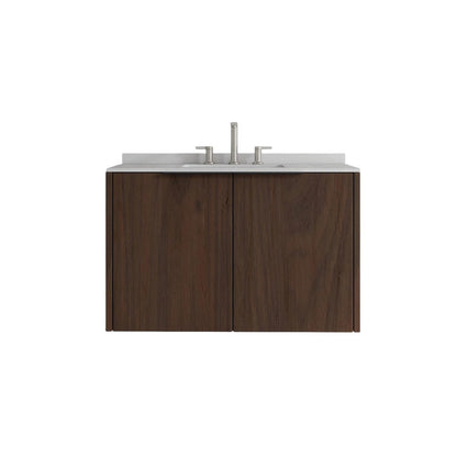 36" Brown Wood Floating Double Door Bathroom Vanity With White Ceramic Sink HomeRoots