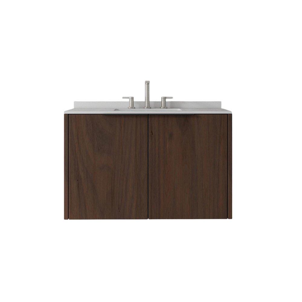 36" Brown Wood Floating Double Door Bathroom Vanity With White Ceramic Sink — view 1