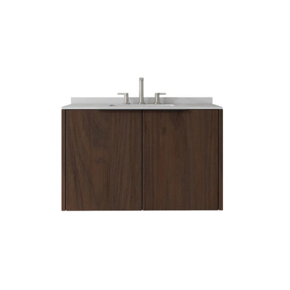 36" Brown Wood Floating Double Door Bathroom Vanity With White Ceramic Sink HomeRoots