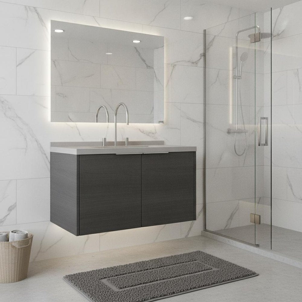 36" Gray Wood Floating Double Door Bathroom Vanity With White Ceramic Sink HomeRoots