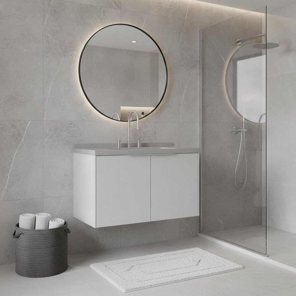 36" White Wood Floating Double Door Bathroom Vanity With Ceramic Sink HomeRoots