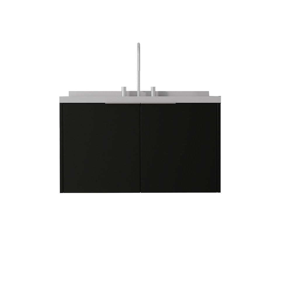 36" Black Wood Floating Double Door Bathroom Vanity With White Ceramic Sink — view 1