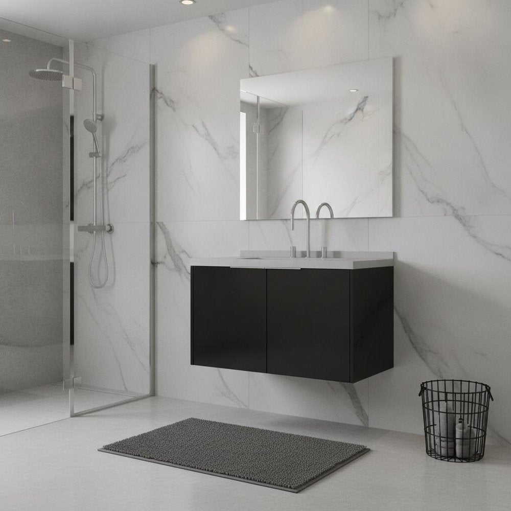 36" Black Wood Floating Double Door Bathroom Vanity With White Ceramic Sink — view 2
