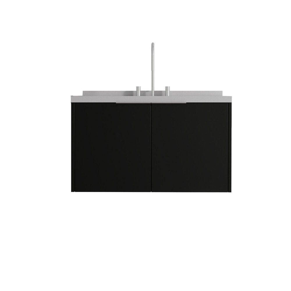 36" Black Wood Floating Double Door Bathroom Vanity With White Ceramic Sink HomeRoots