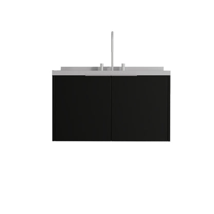 36" Black Wood Floating Double Door Bathroom Vanity With White Ceramic Sink HomeRoots