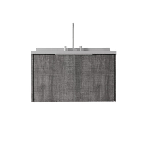 36" Gray Wood Floating Double Door Bathroom Vanity With White Ceramic Sink