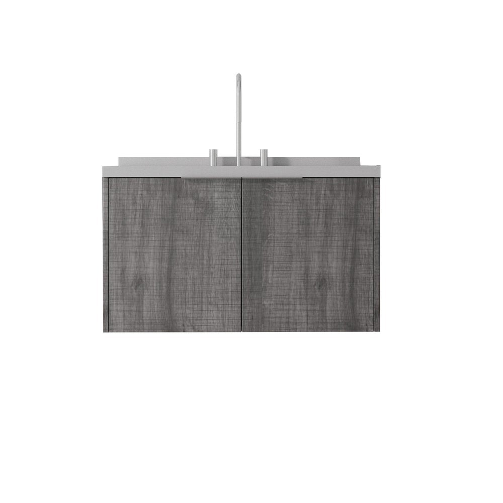 36" Gray Wood Floating Double Door Bathroom Vanity With White Ceramic Sink HomeRoots