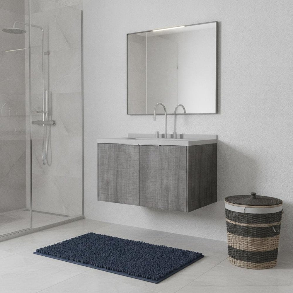 36" Gray Wood Floating Double Door Bathroom Vanity With White Ceramic Sink HomeRoots