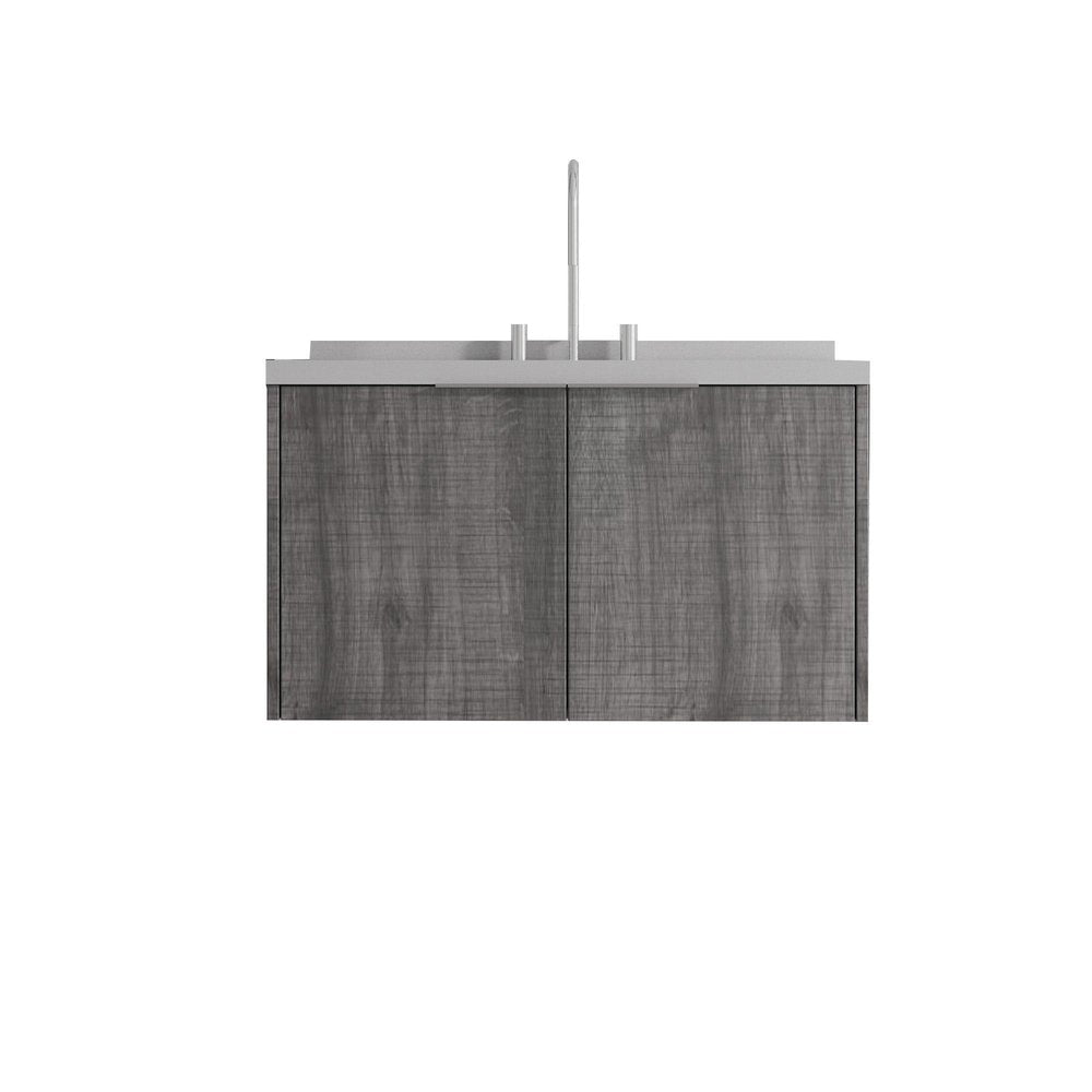 36" Gray Wood Floating Double Door Bathroom Vanity With White Ceramic Sink HomeRoots