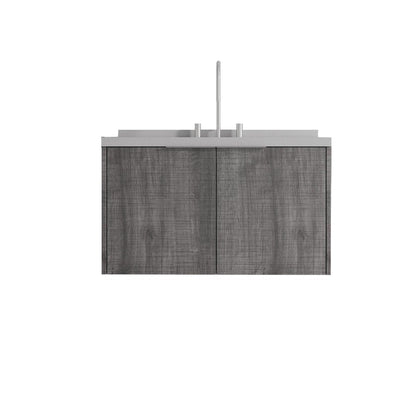 36" Gray Wood Floating Double Door Bathroom Vanity With White Ceramic Sink HomeRoots