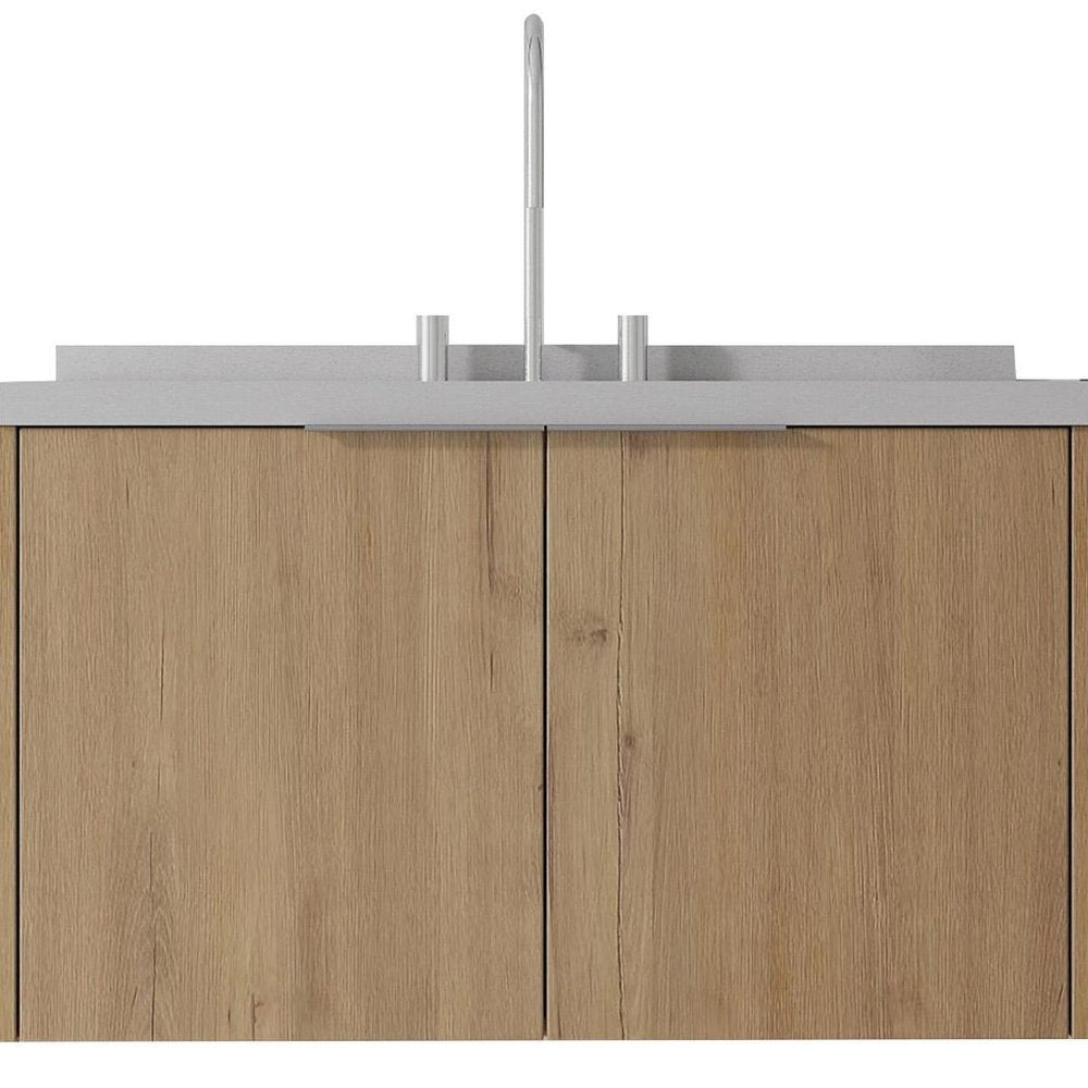 36" Brown Wood Floating Double Door Bathroom Vanity With White Ceramic Sink HomeRoots