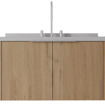 36" Brown Wood Floating Double Door Bathroom Vanity With White Ceramic Sink HomeRoots