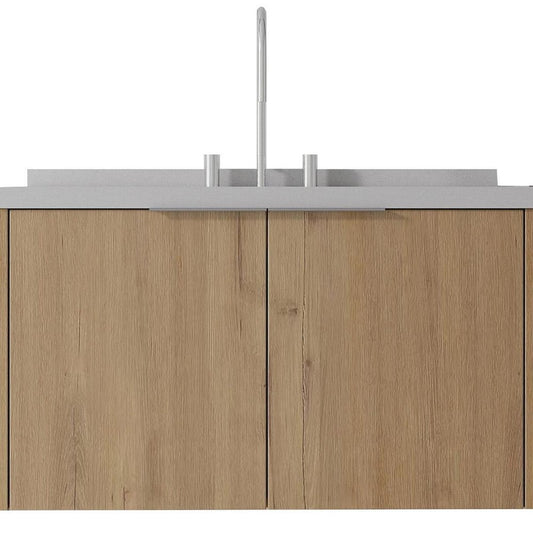 36" Brown Wood Floating Double Door Bathroom Vanity With White Ceramic Sink
