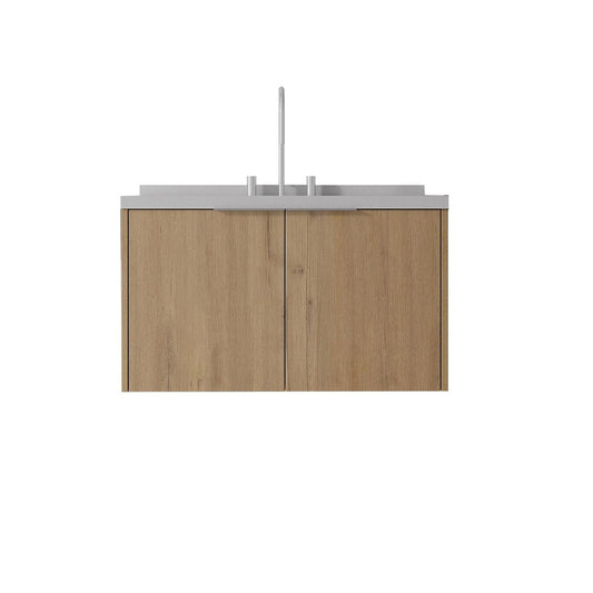 36" Brown Wood Floating Double Door Bathroom Vanity With White Ceramic Sink