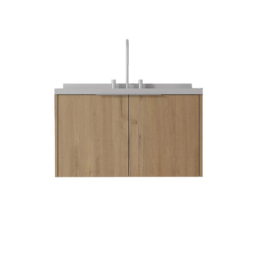 36" Brown Wood Floating Double Door Bathroom Vanity With White Ceramic Sink