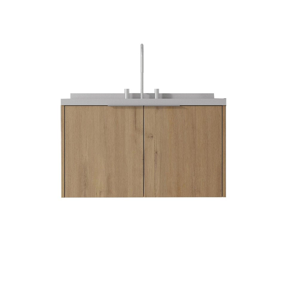 36" Brown Wood Floating Double Door Bathroom Vanity With White Ceramic Sink HomeRoots