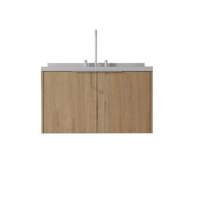 36" Brown Wood Floating Double Door Bathroom Vanity With White Ceramic Sink HomeRoots