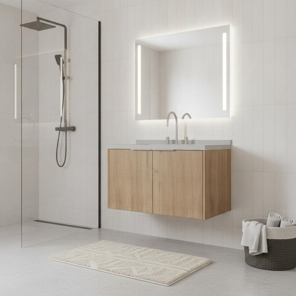 36" Brown Wood Floating Double Door Bathroom Vanity With White Ceramic Sink HomeRoots