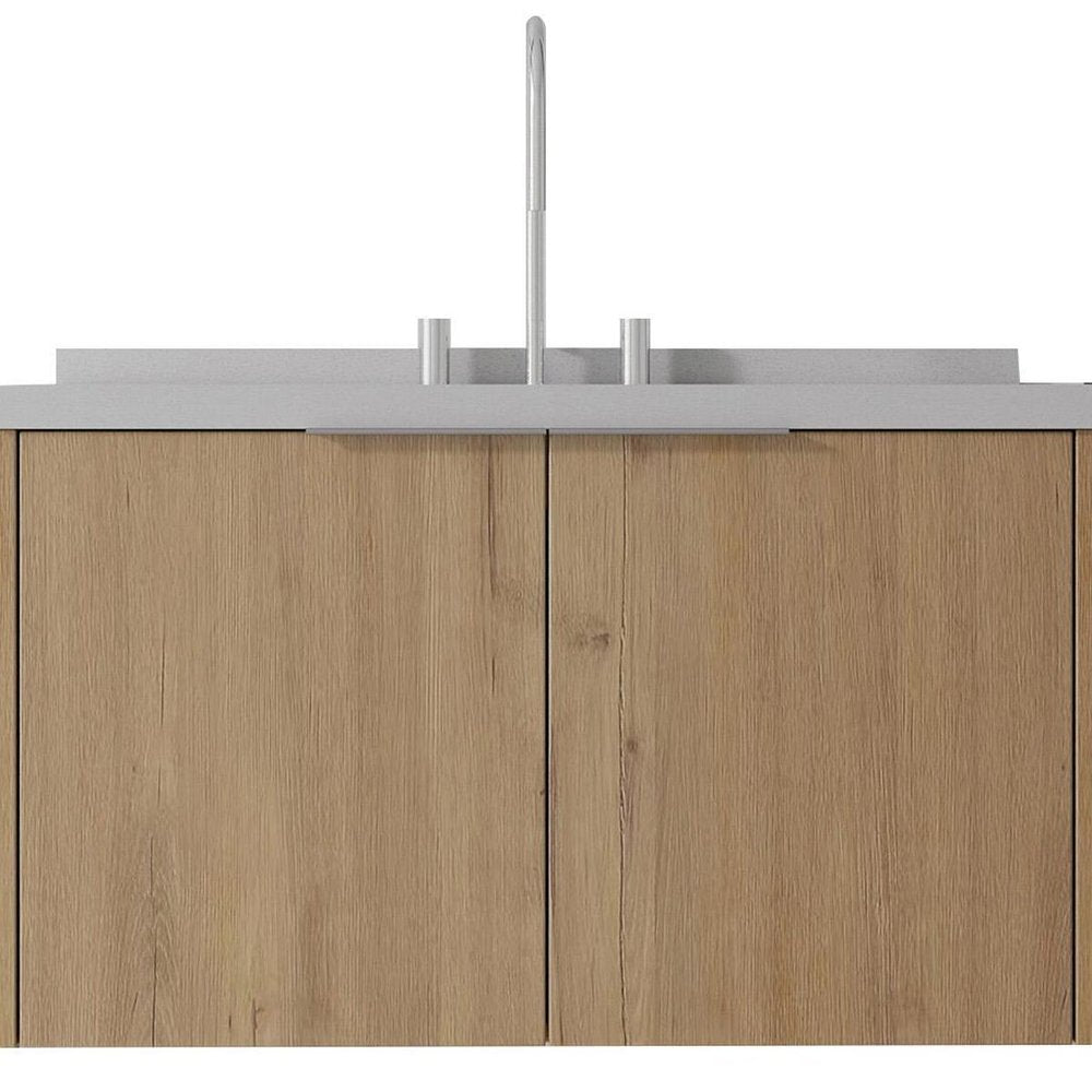 36" Brown Wood Floating Double Door Bathroom Vanity With White Ceramic Sink — view 5