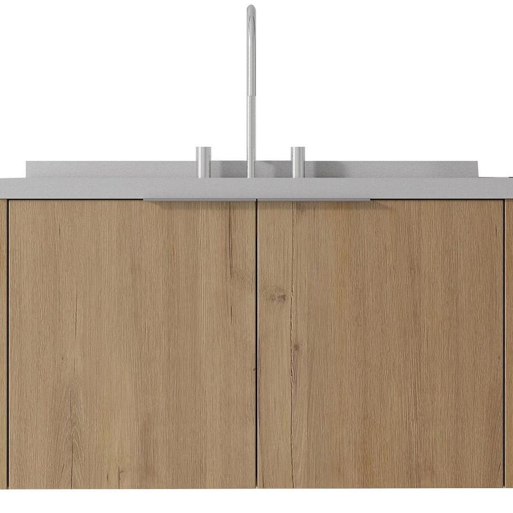 36" Brown Wood Floating Double Door Bathroom Vanity With White Ceramic Sink — view 6