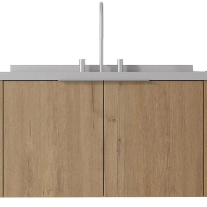 36" Brown Wood Floating Double Door Bathroom Vanity With White Ceramic Sink HomeRoots