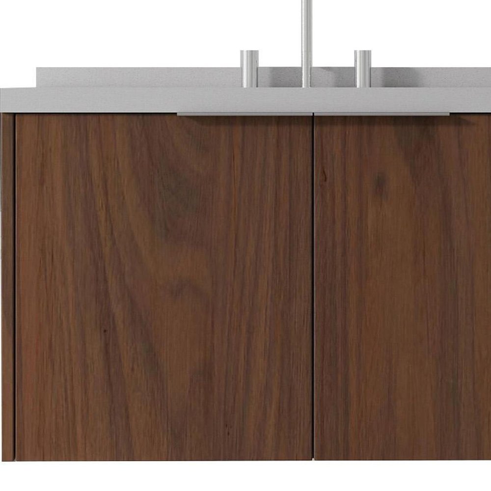 36" Brown Wood Floating Double Door Bathroom Vanity With White Ceramic Sink — view 3