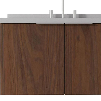36" Brown Wood Floating Double Door Bathroom Vanity With White Ceramic Sink HomeRoots
