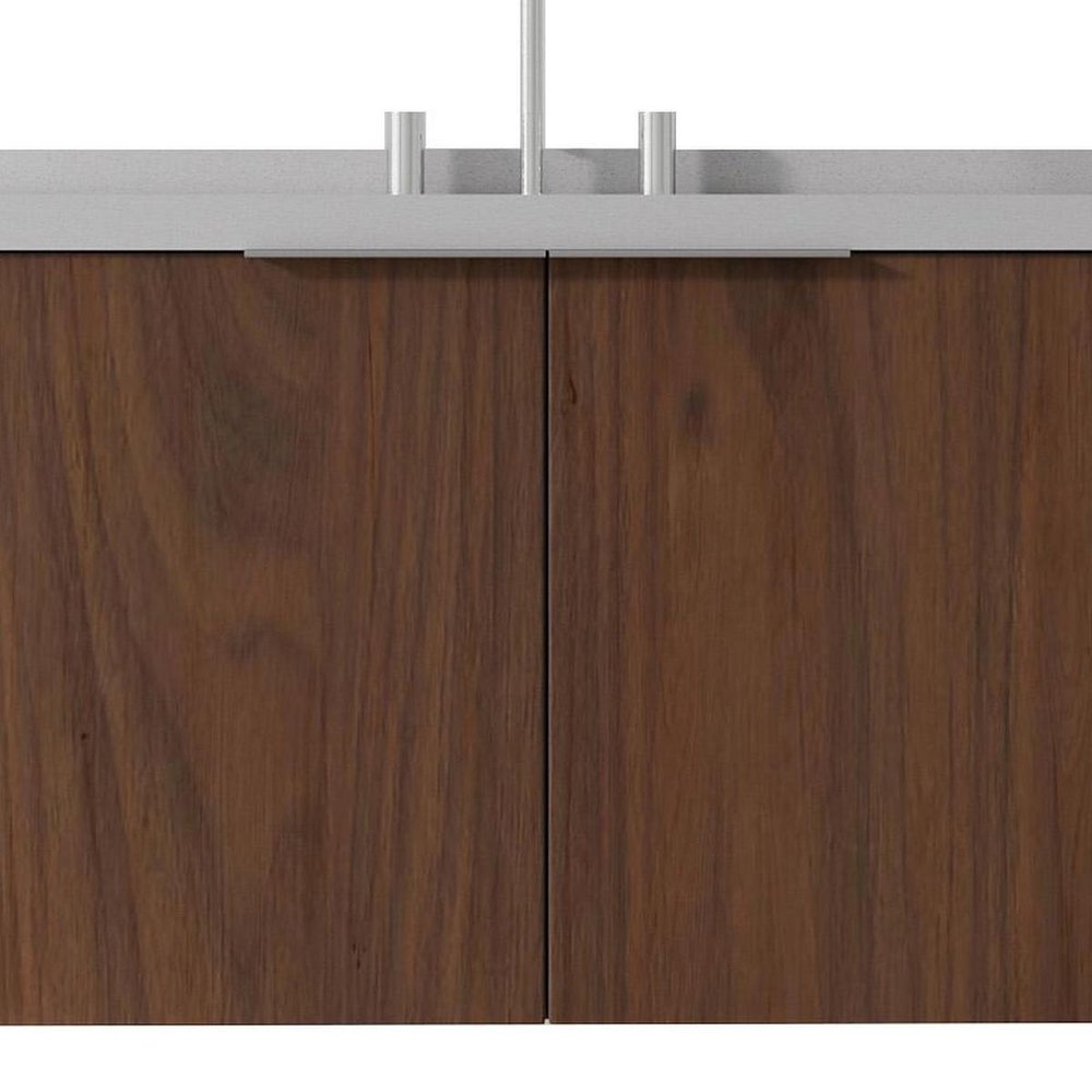 36" Brown Wood Floating Double Door Bathroom Vanity With White Ceramic Sink — view 4