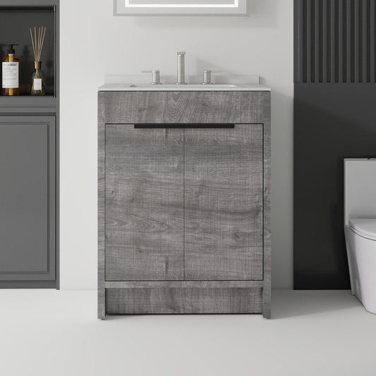 24" Gray Wood Double Door Bathroom Vanity With White Ceramic Sink