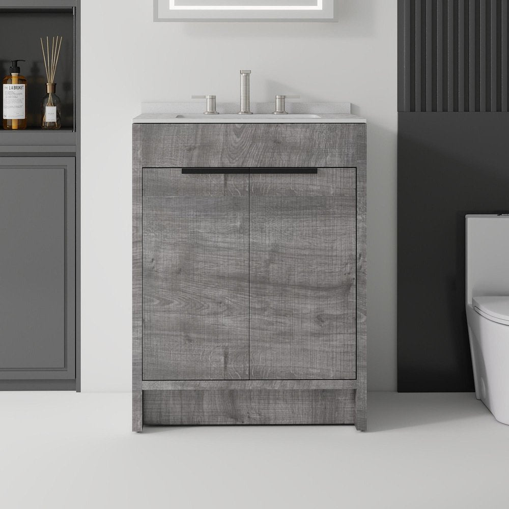 24" Gray Wood Double Door Bathroom Vanity With White Ceramic Sink — view 1