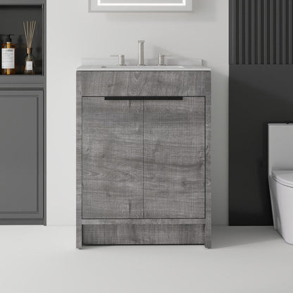 24" Gray Wood Double Door Bathroom Vanity With White Ceramic Sink