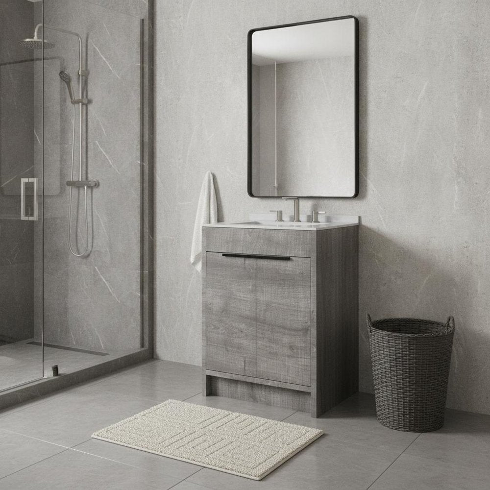 24" Gray Wood Double Door Bathroom Vanity With White Ceramic Sink — view 3