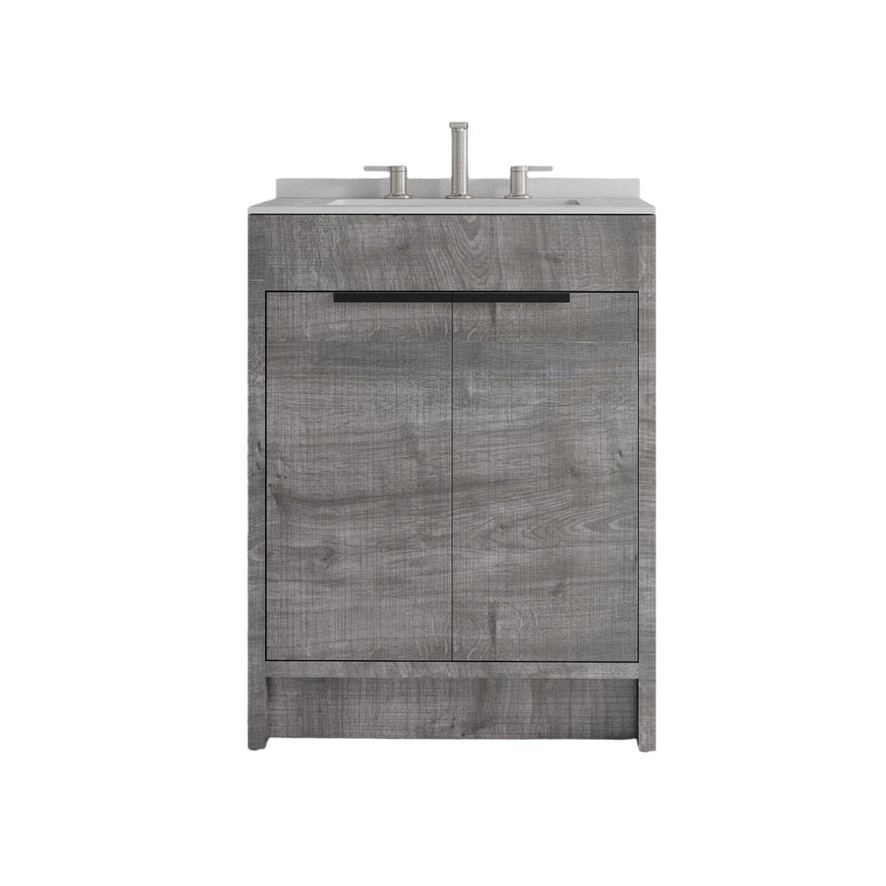 24" Gray Wood Double Door Bathroom Vanity With White Ceramic Sink HomeRoots