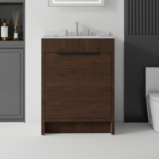 24" Brown Wood Double Door Bathroom Vanity With White Ceramic Sink