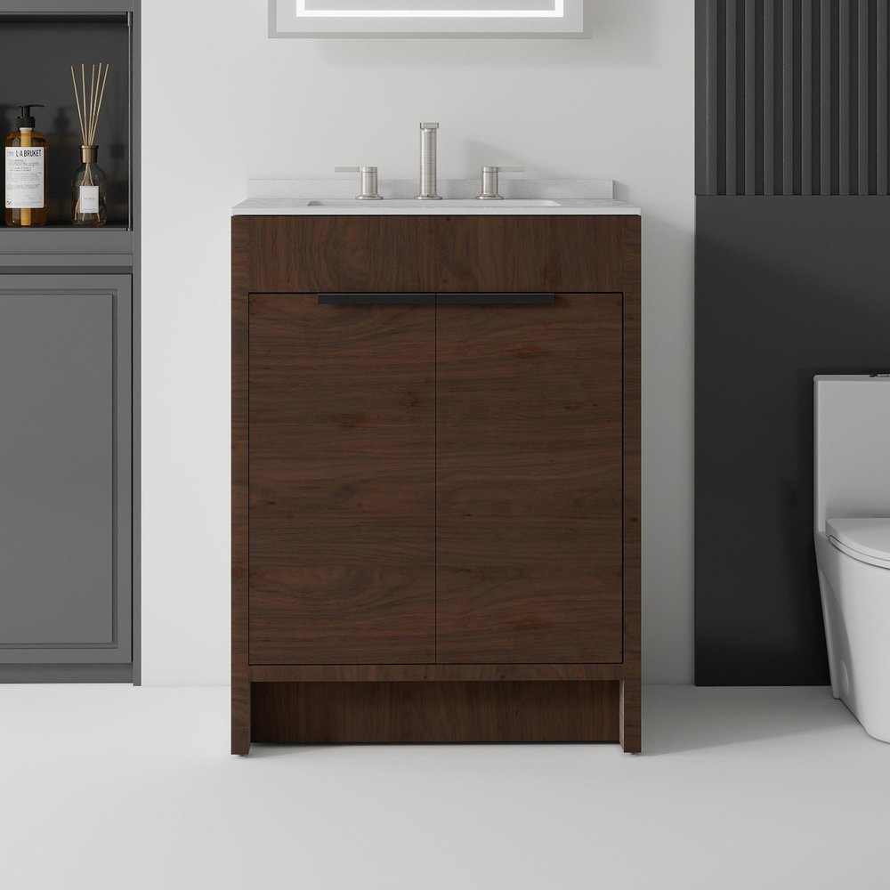 24" Brown Wood Double Door Bathroom Vanity With White Ceramic Sink HomeRoots