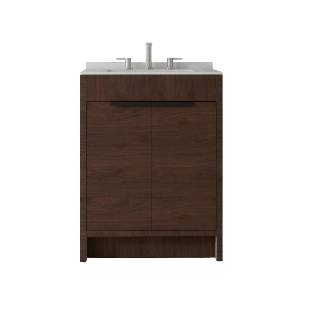 24" Brown Wood Double Door Bathroom Vanity With White Ceramic Sink — view 2