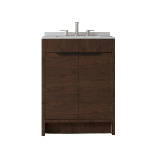 24" Brown Wood Double Door Bathroom Vanity With White Ceramic Sink