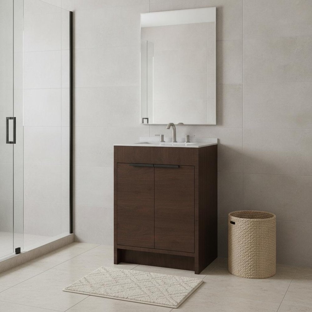 24" Brown Wood Double Door Bathroom Vanity With White Ceramic Sink — view 3