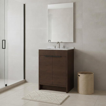 24" Brown Wood Double Door Bathroom Vanity With White Ceramic Sink