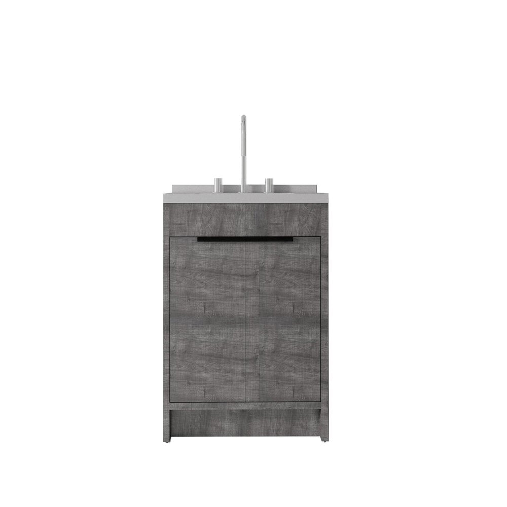 24" Gray Wood Double Door Bathroom Vanity With White Ceramic Sink — view 1