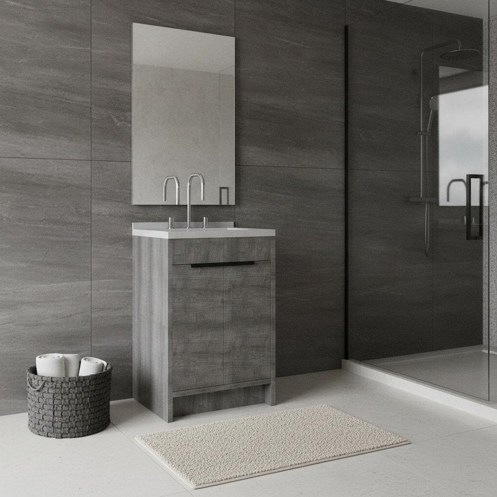 24" Gray Wood Double Door Bathroom Vanity With White Ceramic Sink HomeRoots
