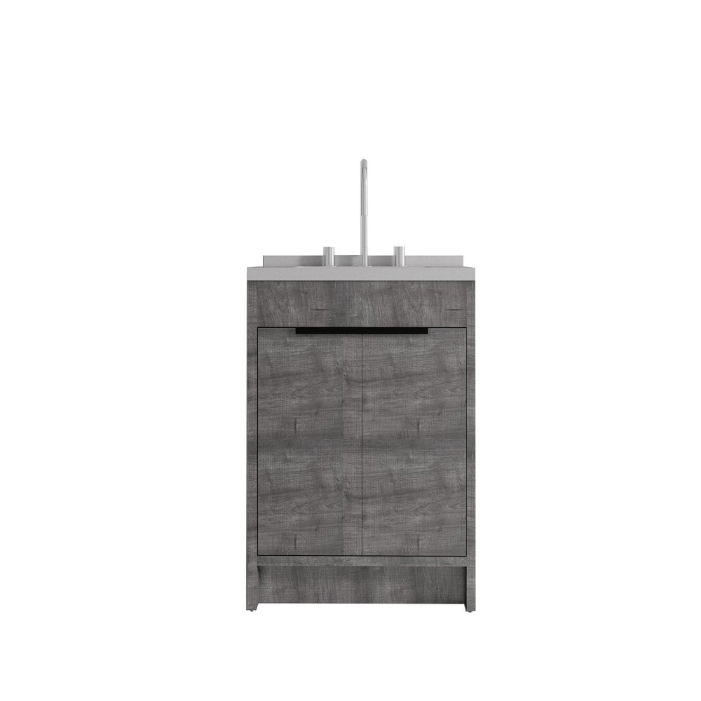 24" Gray Wood Double Door Bathroom Vanity With White Ceramic Sink HomeRoots