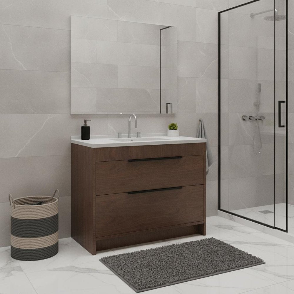 24" Brown Wood Double Door Bathroom Vanity With White Ceramic Sink — view 2