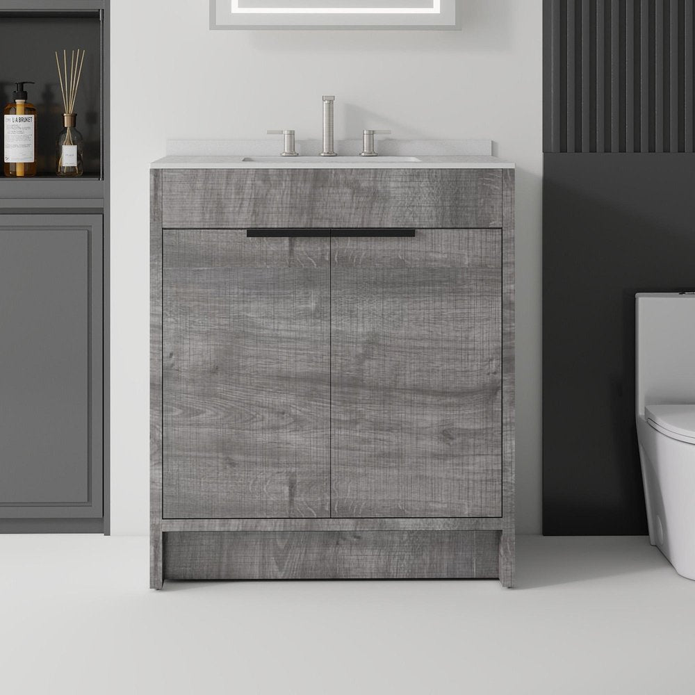 30" Gray Wood Double Door Bathroom Vanity With White Ceramic Sink — view 1