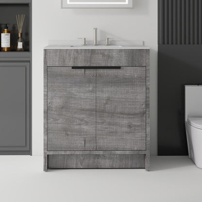30" Gray Wood Double Door Bathroom Vanity With White Ceramic Sink HomeRoots