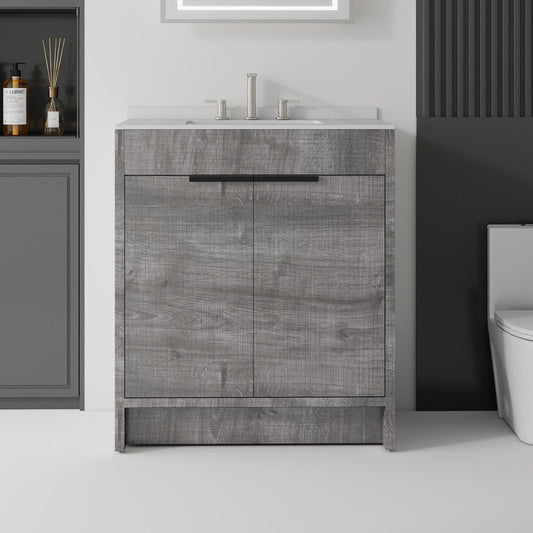 30" Gray Wood Double Door Bathroom Vanity With White Ceramic Sink