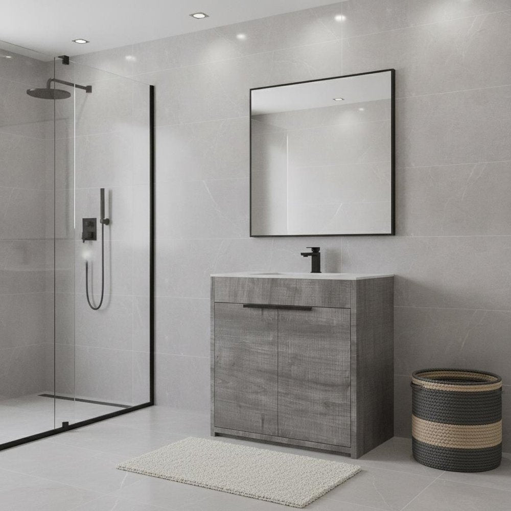 30" Gray Wood Double Door Bathroom Vanity With White Ceramic Sink HomeRoots