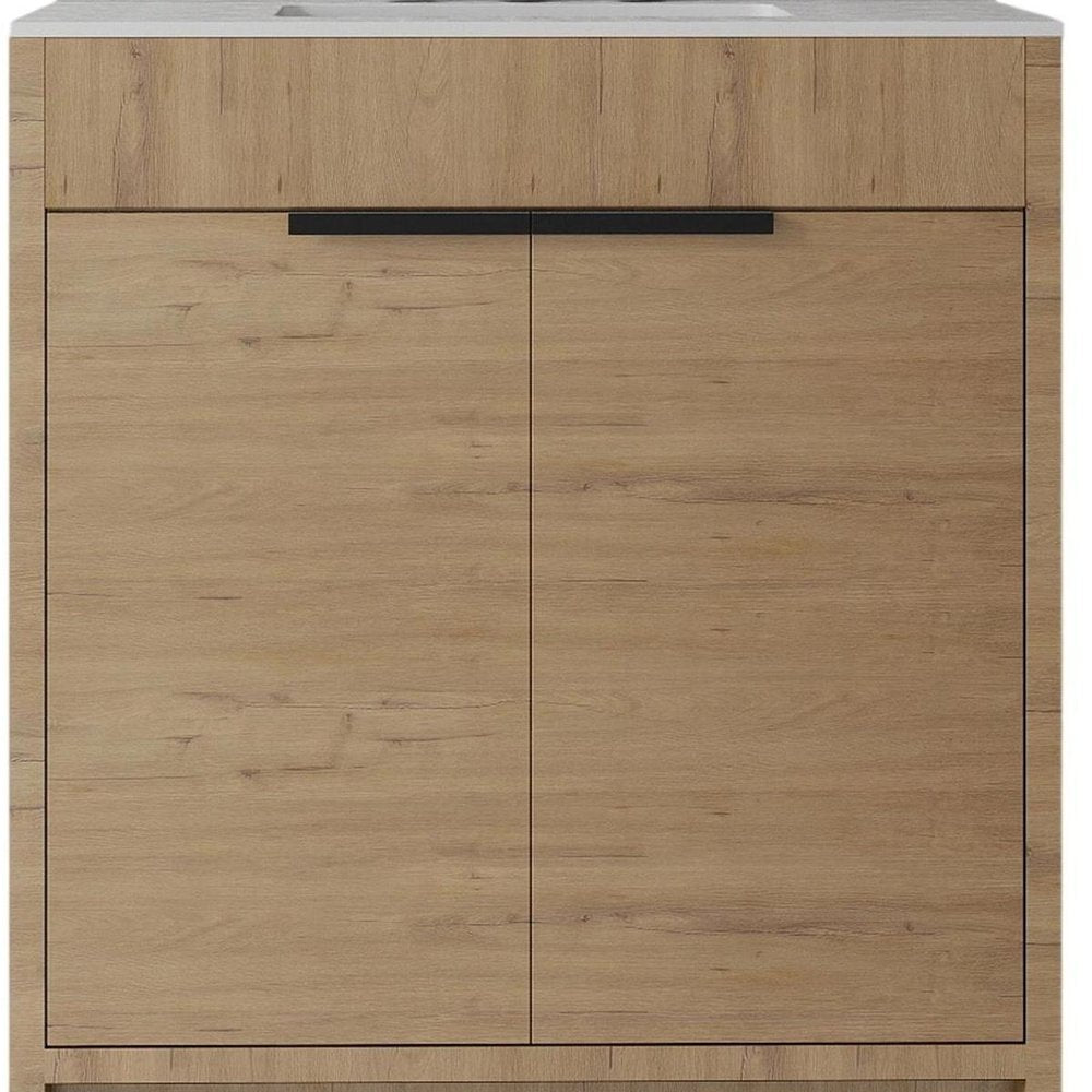 30" Brown Wood Double Door Bathroom Vanity With White Ceramic Sink — view 3