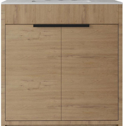 30" Brown Wood Double Door Bathroom Vanity With White Ceramic Sink